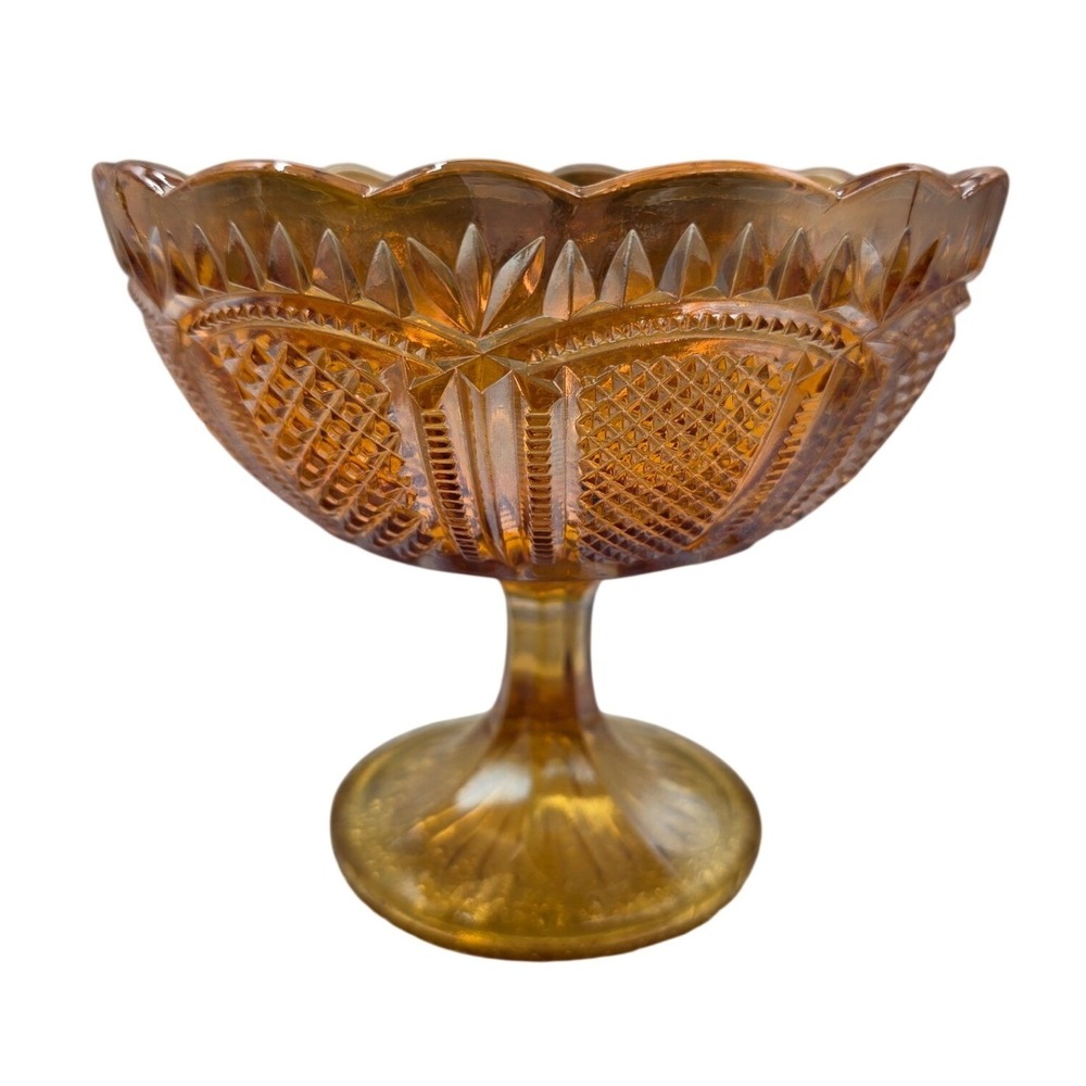 Vintage Marigold Carnival Glass Pedestal Bowl Diamond Scalloped Compote 6in O1;2
